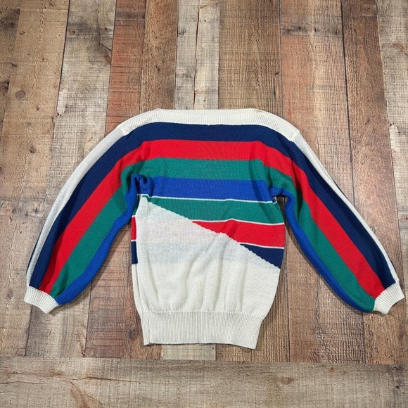 Vintage Sweaters - Vintage Via LA Sweater Small Striped Colorblock Boat Neck 80s Made Taiwan